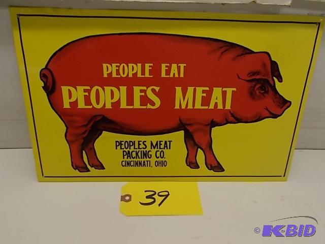 lot 39 image: Peoples Meat Tin Sign, 16 x 10...