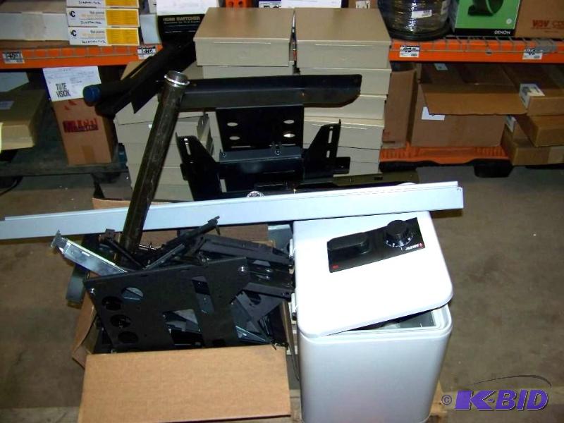 lot 73 image: Miscellaneous lot of PiecesParts of TV Mounts, Empty Control Boxes and Cracked Safe