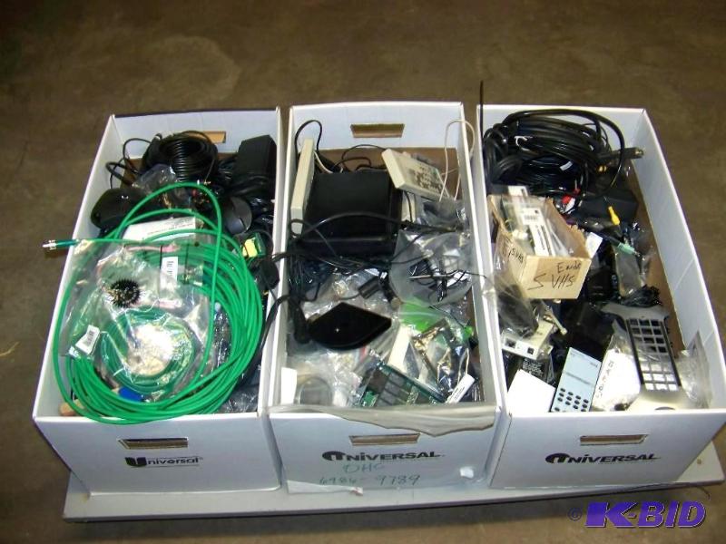 lot 74 image: (3 boxes) Miscellaneous lot of Cables, Remote Controls, Boards, Electronics and more