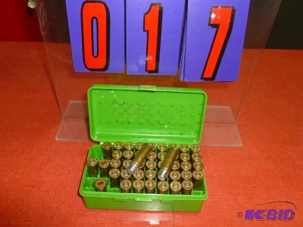 Box of approx 45, 44 calibers pistol ammo. Le...