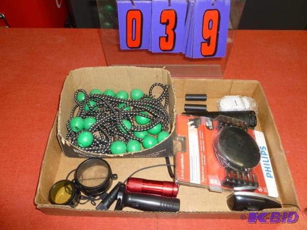 Flat of misc. tie down wraps, 1.5-12 volt pow...