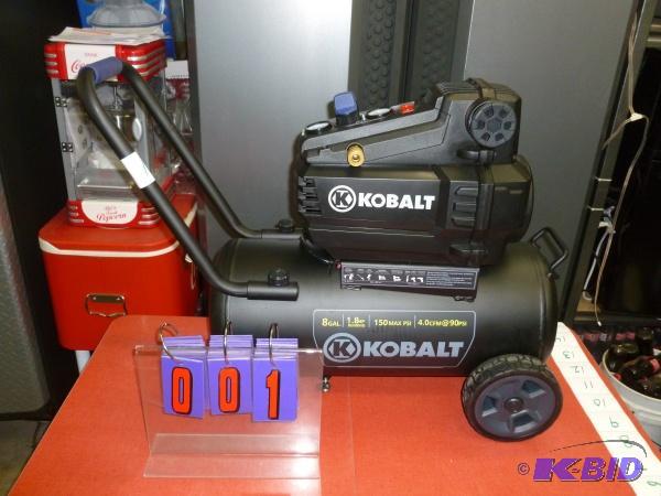 lot 1 image: Kobalt 8 gallon air compressor. 1.8 hp, max 1...