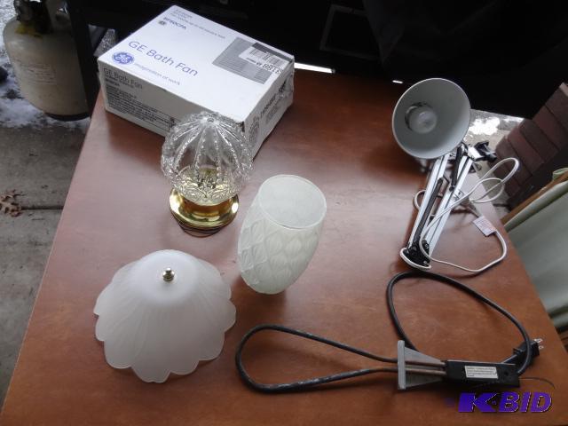 lot 101 image: GE Bath Fan, Clamp on Desk Lamp, Semi Flush M...