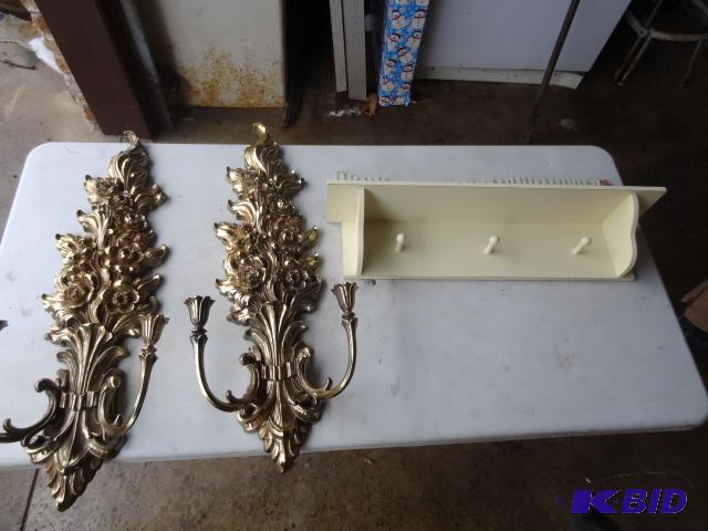lot 195 image: Wood SHelf. 2 Plastic Wall Hanging Candle Hol...