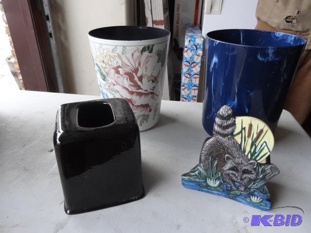 lot 198 image: 2 Waste Baskets, Kleenex Box Cover, Raccoon F...