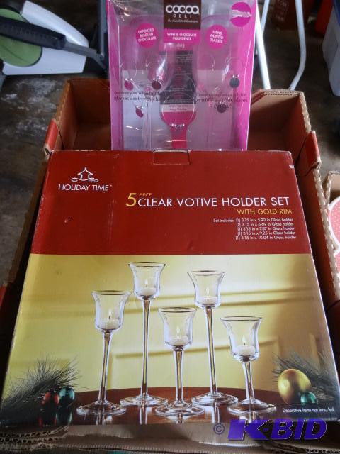 lot 204 image: 5 Piece Votive Holder Set. Gold RIm 2 Wine Gl...