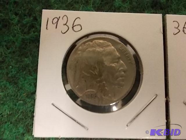 lot 38 image: Set 1936 P,D,S Buffalo Nickels XF...