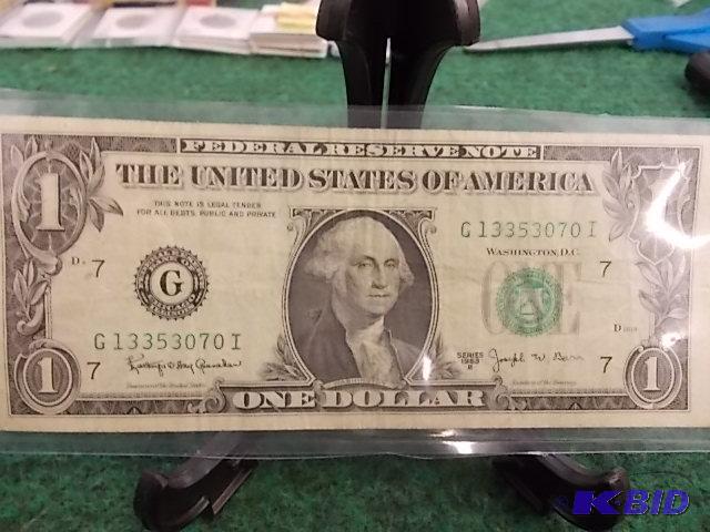 lot 7 image: US $1 Federal Reserve Barr Note 1963B...