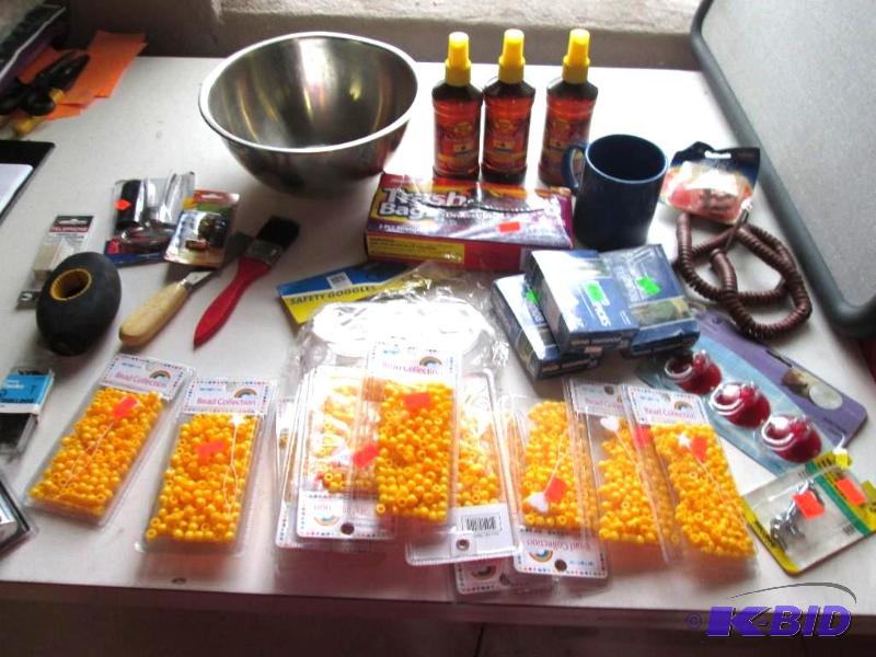 lot 243 image: mixed lot of beads, bowl, tanning oil, and ga...