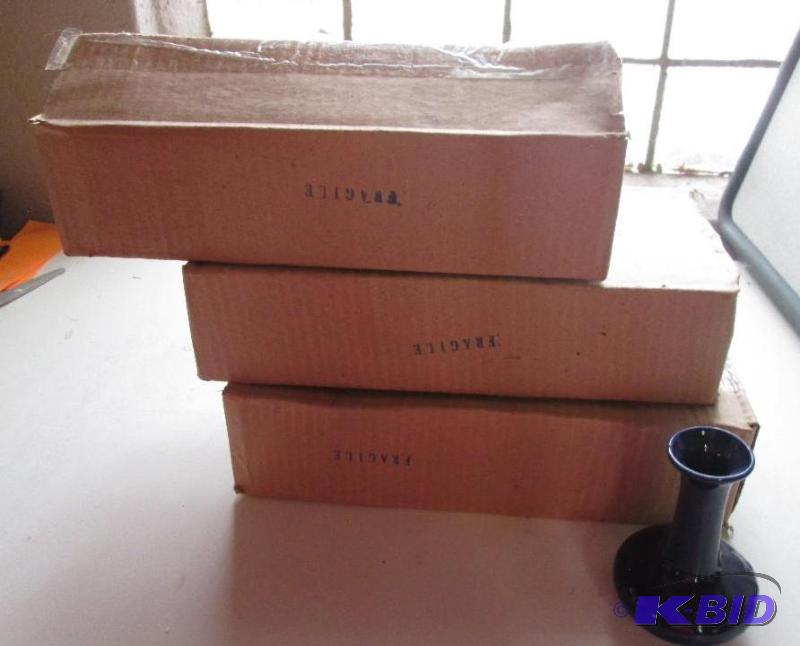 lot 245 image: 3 boxes of small blue vases 6 per box...