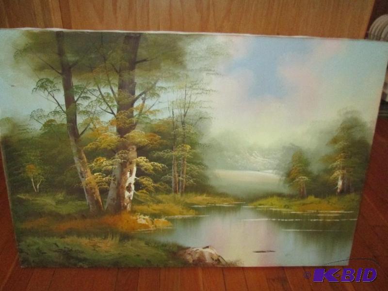 Oil on canvas tree and water scene, canvas ha...