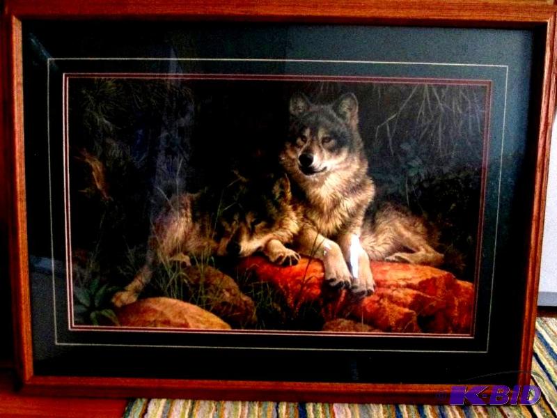 Framed and matted wolf scene print, 40 x 30 i...