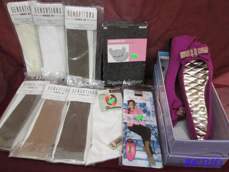 lot 136 image: 1 pair of sugar plum flat shoes, 7 knee high ...