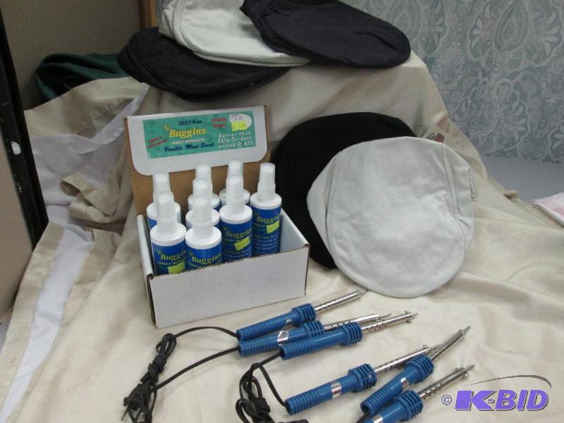 lot 138 image: buggins insect repellent, mens caps. 6 solder...