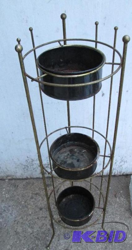 lot 155 image: Vintage 3 tier metal plant holder, 3 feet tal...