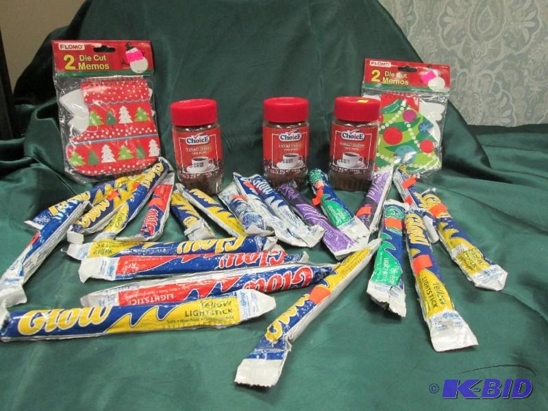 lot 246 image: misc. colored glow sticks, instant coffee, no...