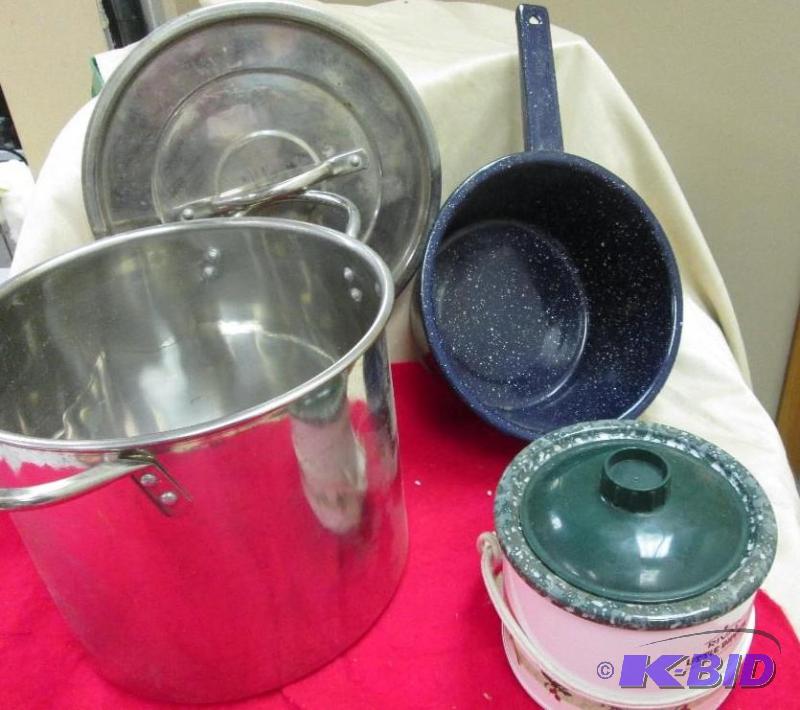 lot 316 image: large pot with lid, medium sized blue pot and...