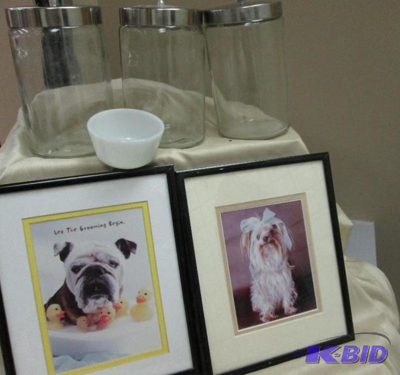 lot 325 image: three glass jars and two pictures, used...
