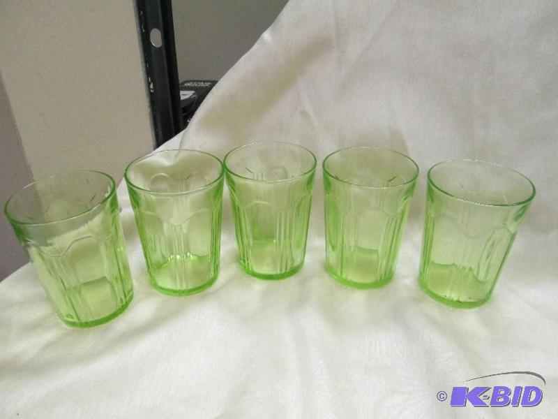 lot 79 image: Qty 5 drinking glasses it has a green tint to...