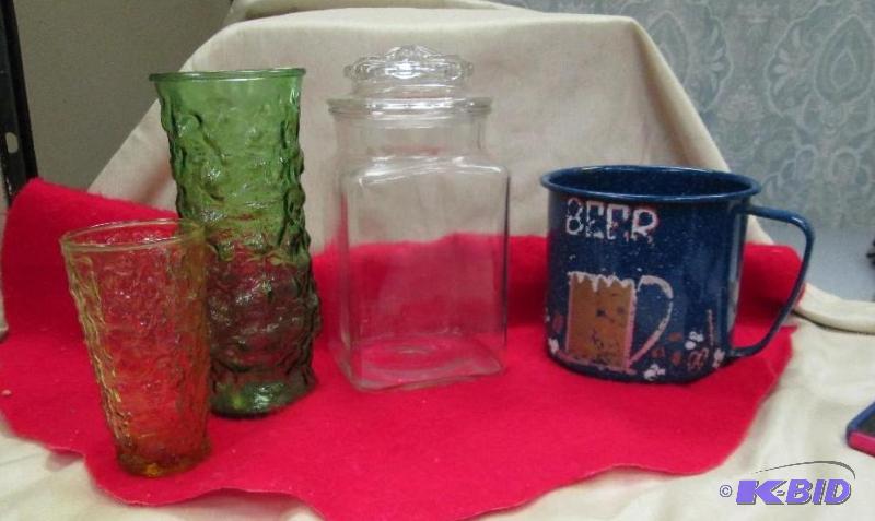 lot 84 image: Qty 4 One big blue tin beer cup, Glass storag...
