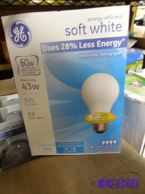 lot 111 image: New case of GE brand halogen light bulbs. Rep...