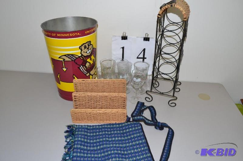 lot 14 image: University of MN garbage can, wine glasses, wine bottle rack