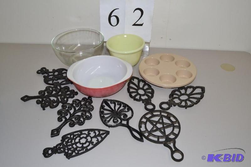 lot 62 image: Bowls and cast iron trivets