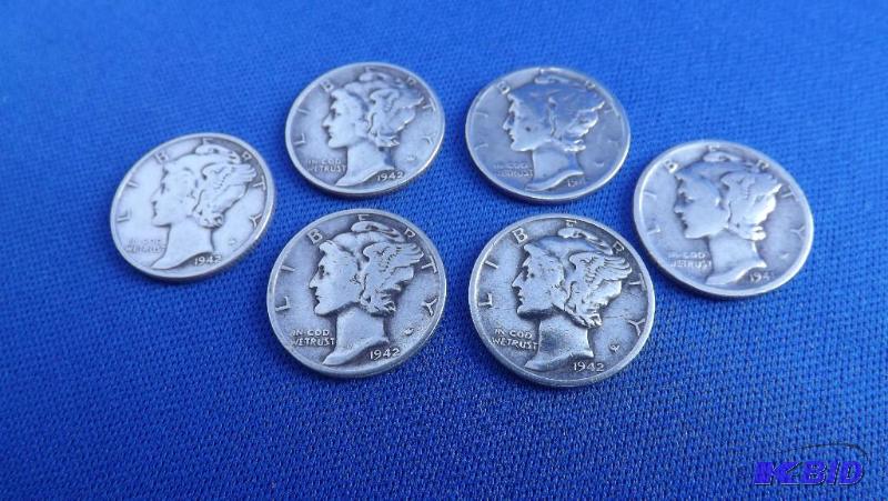 Lot of 6 Mercury Dimes, various years. 1942s...