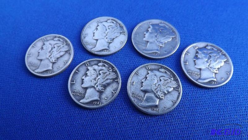 Lot of 6 Mercury Dimes, various years. 1943s...