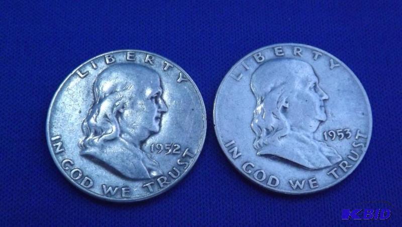 Two Franklin Half Dollar Silver Coins, 1952 D...