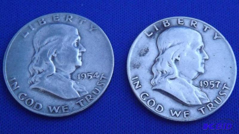 Two Franklin Half Dollar Silver Coins, 1954 D...