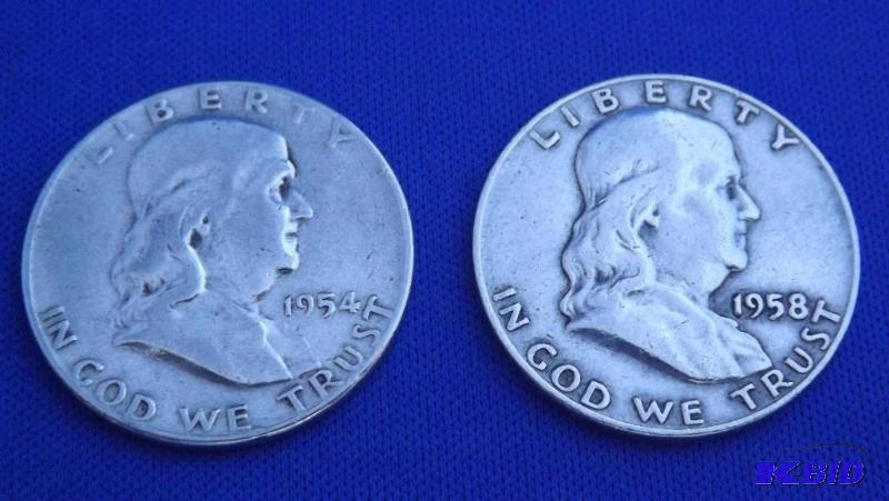 Two Franklin Half Dollar Silver Coins, 1954 n...