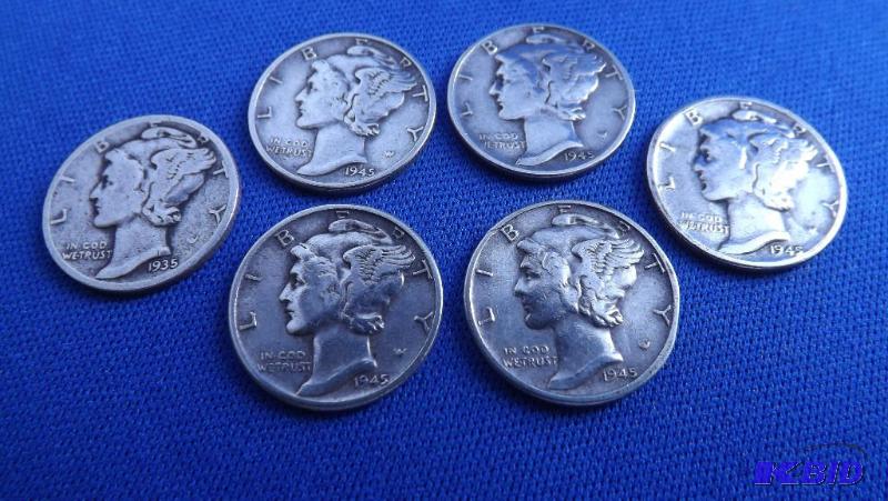 Lot of 6 Mercury Dimes, various years. 1945 n...