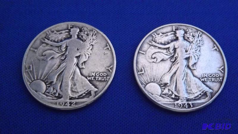 Two Walking Liberty Half Dollar Silver Coins,...