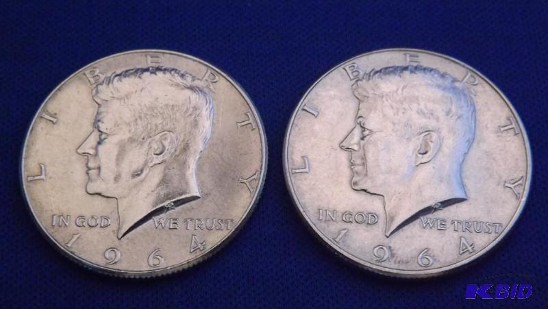 Two 1964 Kennedy Half Dollar Coins, one is D ...
