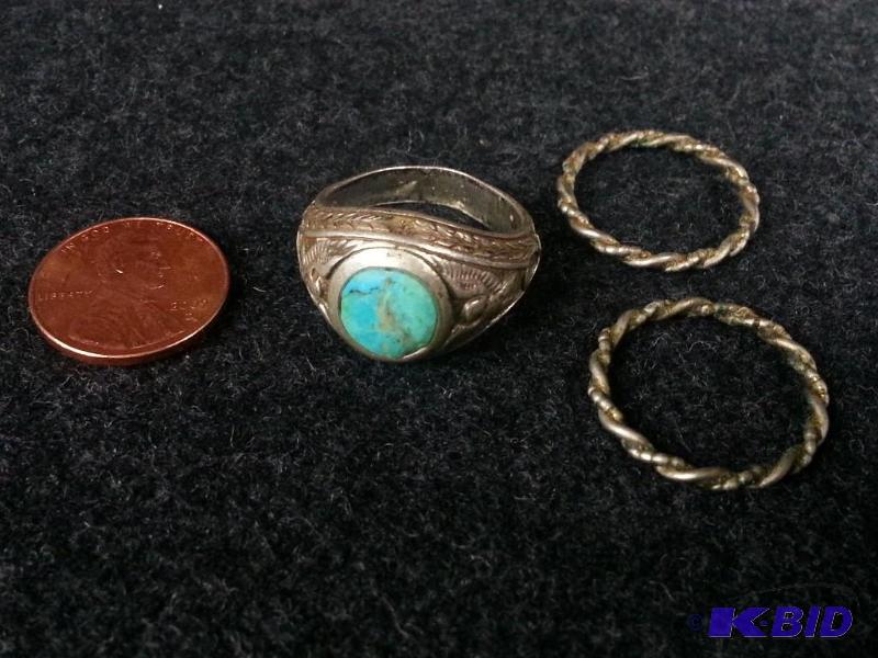 Vintage Sterling .925 Navajo Turquoise Eagle Signed Ring  (2) Bands