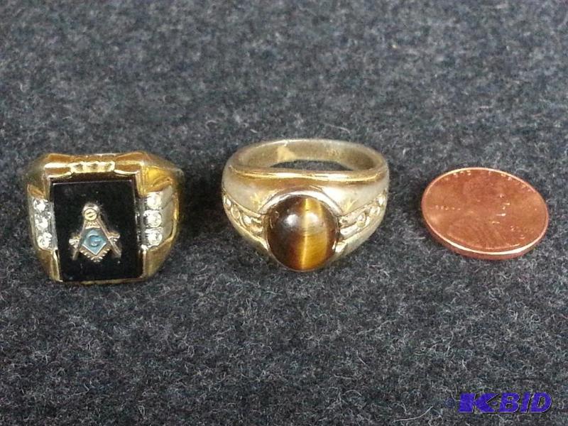 Mens 14 KTP Masonic Ring & Tigers Eye Ring - Diamond Accents