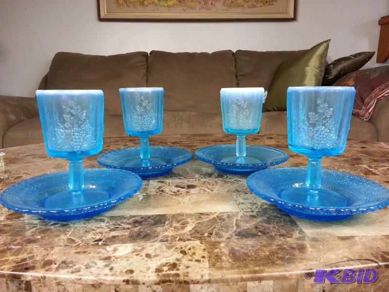 (4) Fenton Blue L. G. Wright Grape Paneled Goblets w Fenton Judica Beaded Saucers