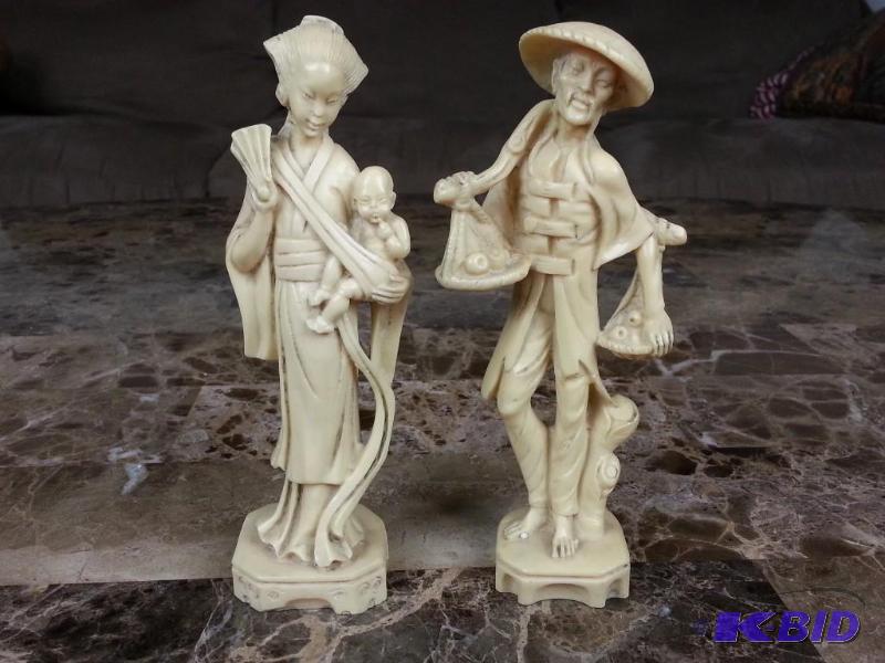 Pair of Faux Ivory Chinese Oriental Statues - Signed