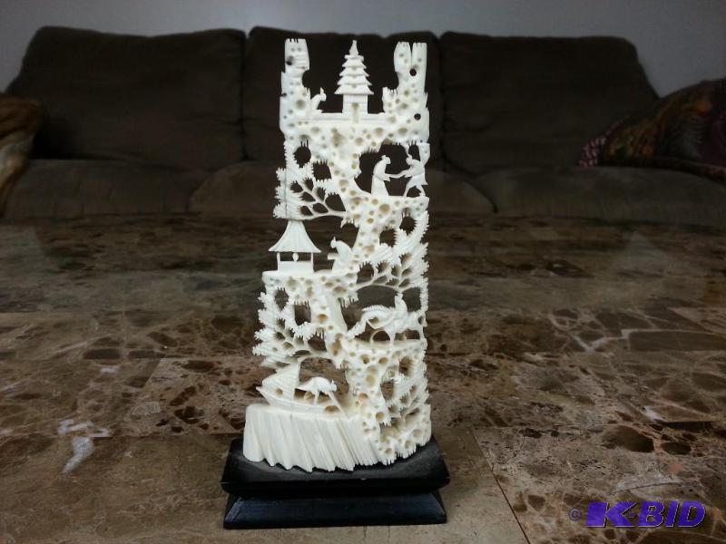Intricate Asian Oriental Landscape Carving on a Wooden Base