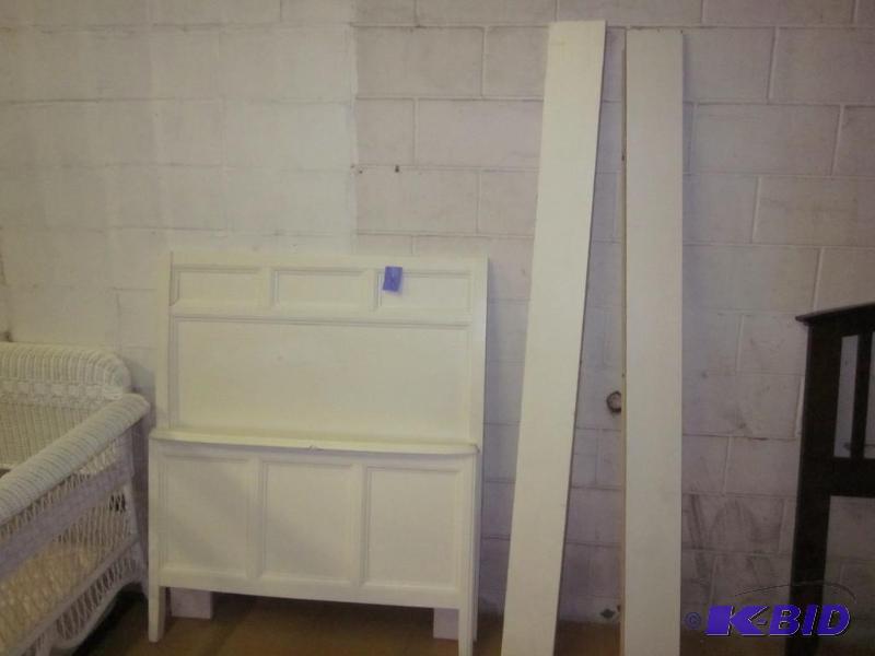White shabby twin headboard, foot, and bed fr...