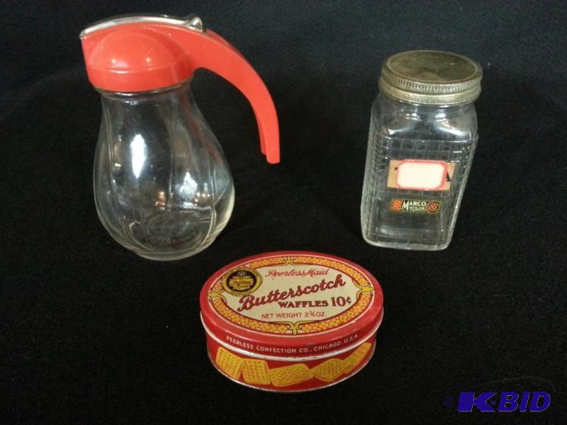 lot 12 image: 3 Piece Vintage Advertising Lot - Syrup, Tin, and Lidded Jar