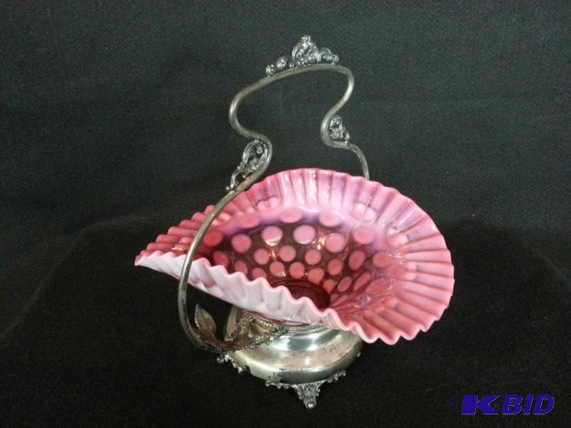 lot 13 image: 1940s Fenton Opalescent Ruffled Cranberry Bride Bowl w Silverplate Holder