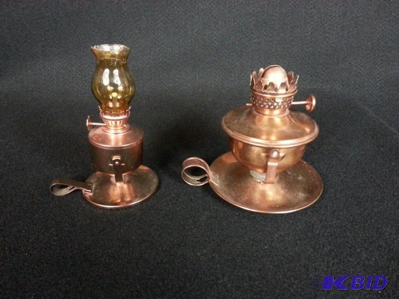 lot 16 image: 2 Mini Copper Kerosene Oil Finger Lamps