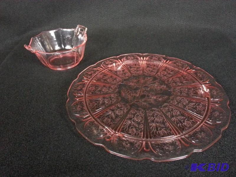 lot 17 image: 2 Pink Depression Pressed Glassware - Footed Cake Plate - Handled Dish