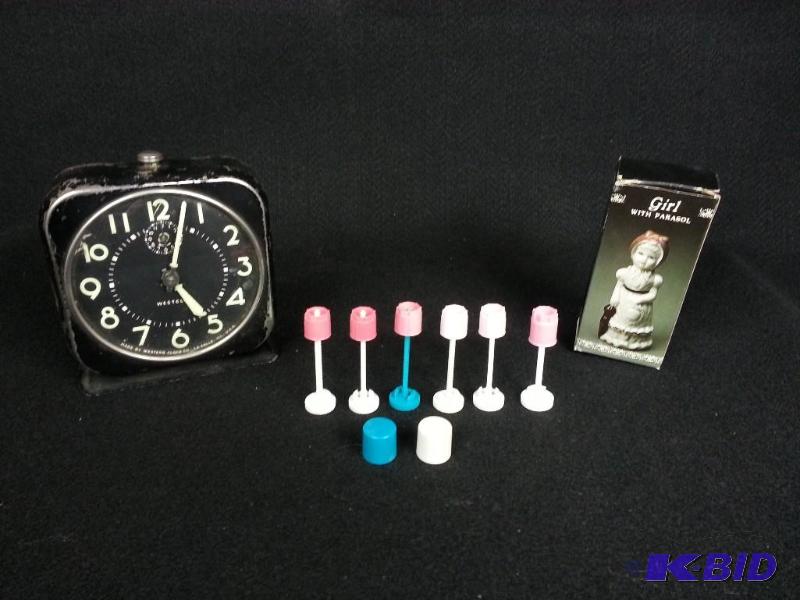 lot 29 image: (6) Handmade Vintage Dollhouse Lamps, Westclox Alarm Clock, Porcelain Girl w Box