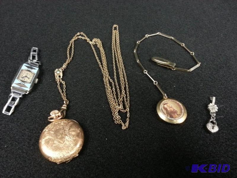 lot 31 image: 14 KT Gold Filled Hampden, 14 KT Gold Filled Elgin Ladies, Opal & Pearl Chain, Relgious Pendant