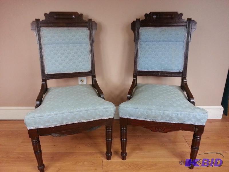 lot 67 image: Victorian Pair of Chairs w Light Blue Upholstery