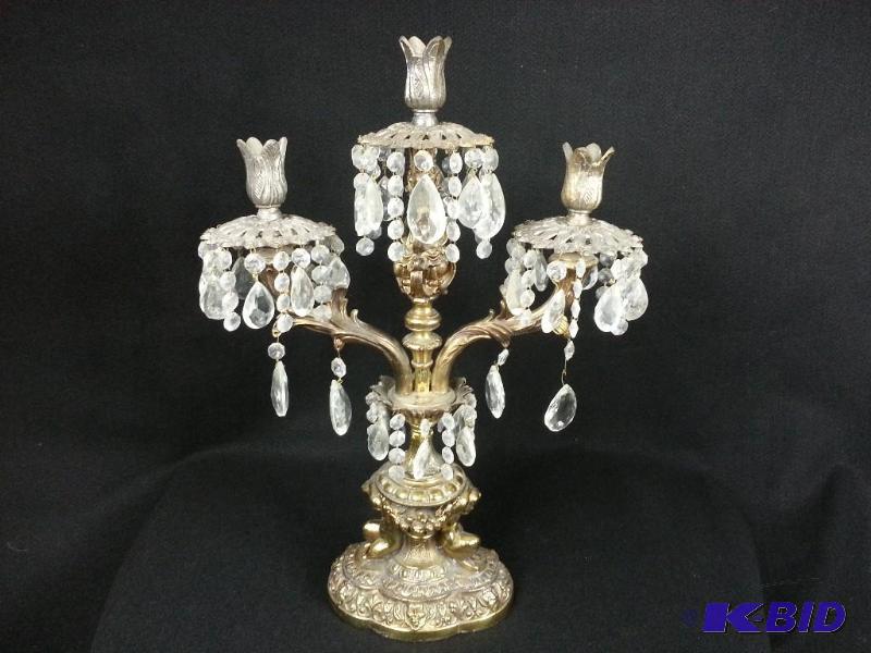 lot 8 image: Antique 3 Arm Solid Brass Crystal Prism Candelabra Candle Holder