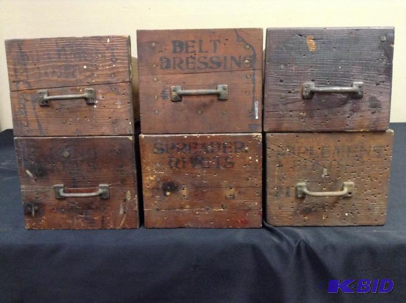 lot 13 image: Lot of six vintage Waconia Creamery parts wood drawersbins
